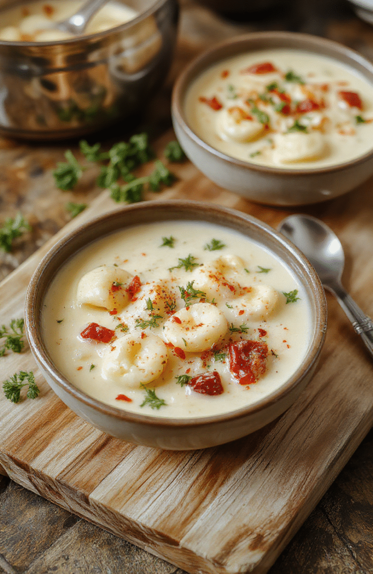 A steaming bowl of creamy tortellini soup with cheese-filled pasta, tender spinach, and diced tomatoes in a rich golden broth, garnished with fresh parsley and a drizzle of olive oil, served in a rustic ceramic bowl on a light wooden table.