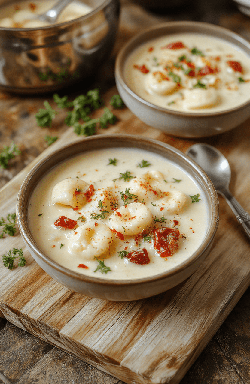 A steaming bowl of creamy tortellini soup with cheese-filled pasta, tender spinach, and diced tomatoes in a rich golden broth, garnished with fresh parsley and a drizzle of olive oil, served in a rustic ceramic bowl on a light wooden table.