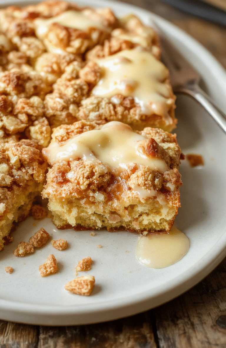 A golden-brown, crumb-topped vanilla custard crumb cake on a white ceramic baking tray, with visible buttery crumb texture, flecks of vanilla bean, and a light dusting of powdered sugar. Soft shadows, natural daylight, casual plating, lower third of image empty for text overlay.