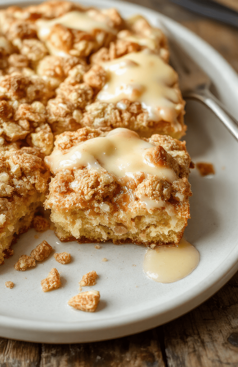 A golden-brown, crumb-topped vanilla custard crumb cake on a white ceramic baking tray, with visible buttery crumb texture, flecks of vanilla bean, and a light dusting of powdered sugar. Soft shadows, natural daylight, casual plating, lower third of image empty for text overlay.