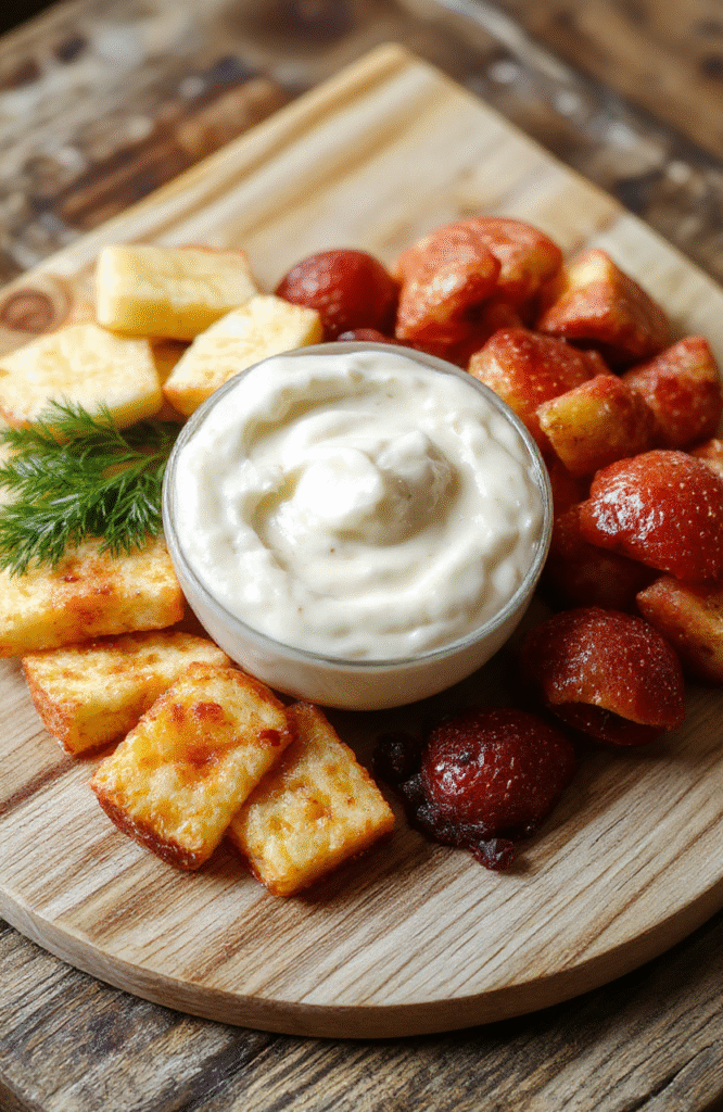 Vibrant creamy Greek yogurt fruit dip in a white ceramic bowl, topped with fresh seasonal berries, sliced banana, and kiwi slices, garnished with mint leaves on a light wood cutting board, natural daylight, shallow depth of field, soft shadows, cozy home kitchen background.