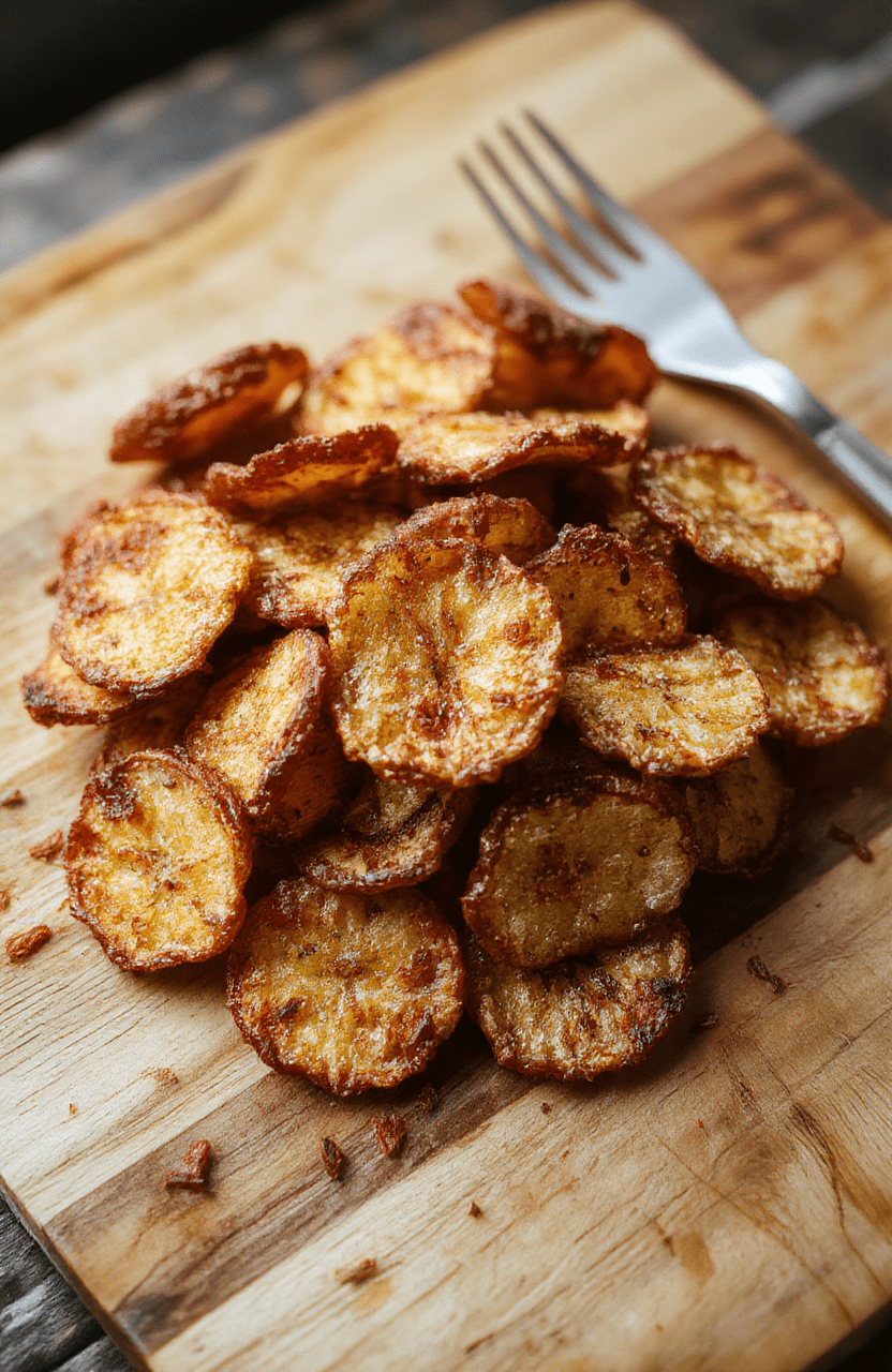 Golden-brown, uniformly sliced banana chips in a rustic wooden bowl with a slight sheen, placed on a light oak cutting board with soft natural shadows and scattered banana slices and a small herb sprig nearby