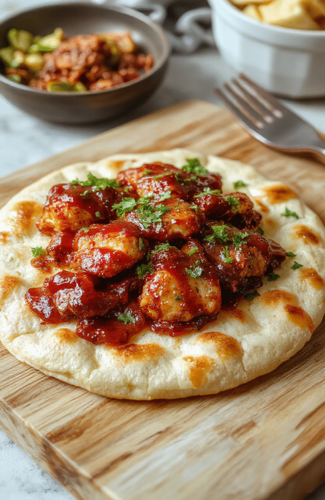 Crispy BBQ chicken flatbread on a rustic wooden board, golden-brown crust topped with shredded chicken glazed in smoky BBQ sauce, red onion rings, cilantro leaves, and a drizzle of ranch—fresh and appetizing against soft natural light