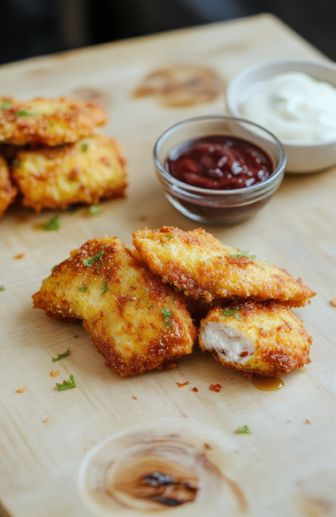 Golden-brown, crispy baked chicken tenders on a white ceramic plate, arranged in neat rows with a light dusting of paprika and fresh parsley beside them. Juicy interior visible with a slight pull-apart texture. Served with a side of lemon wedges and roasted garlic cloves on a rustic wooden board in background. Soft natural daylight, shallow depth of field, warm tones.