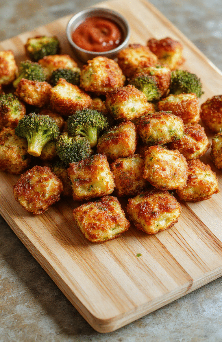 Golden-brown crispy broccoli tots arranged on a white ceramic plate, with fresh broccoli florets, grated cheese, and a drizzle of olive oil on top; light steam rising, served on a wooden cutting board with a sprinkle of chopped parsley and a lemon wedge nearby.