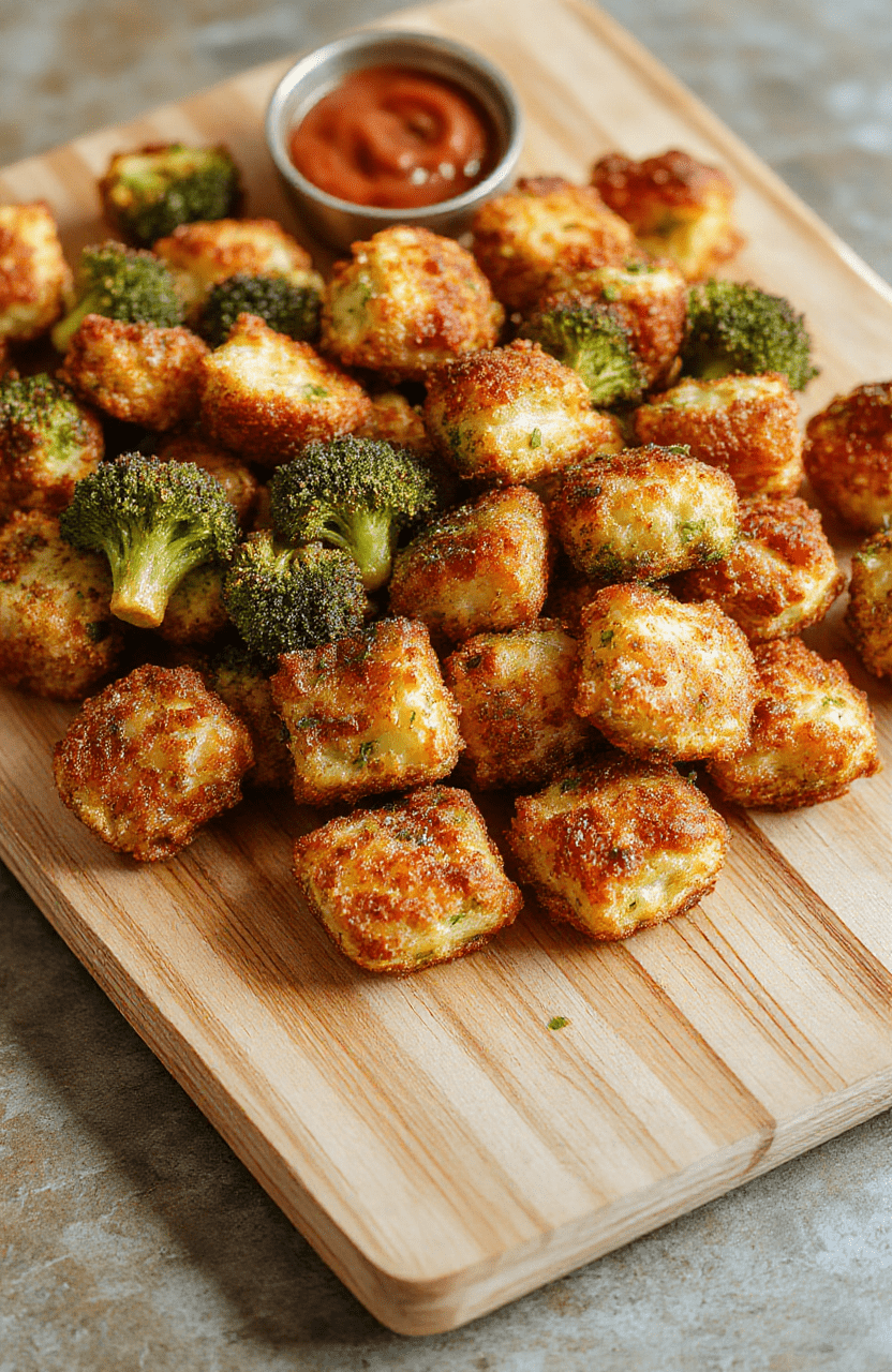 Golden-brown crispy broccoli tots arranged on a white ceramic plate, with fresh broccoli florets, grated cheese, and a drizzle of olive oil on top; light steam rising, served on a wooden cutting board with a sprinkle of chopped parsley and a lemon wedge nearby.