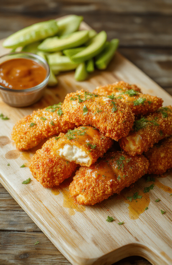 Golden-brown crispy buffalo chicken mozzarella sticks arranged on a rustic wooden tray, with melted mozzarella oozing from the centers, drizzled with blue cheese dressing and garnished with fresh parsley and a touch of paprika. Background is soft and natural with wooden texture and warm lighting.