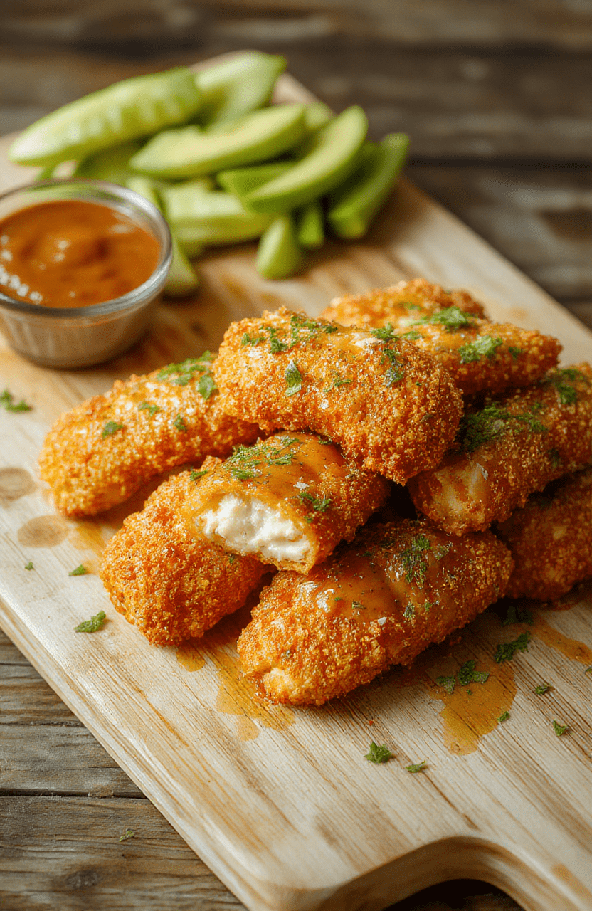 Golden-brown crispy buffalo chicken mozzarella sticks arranged on a rustic wooden tray, with melted mozzarella oozing from the centers, drizzled with blue cheese dressing and garnished with fresh parsley and a touch of paprika. Background is soft and natural with wooden texture and warm lighting.
