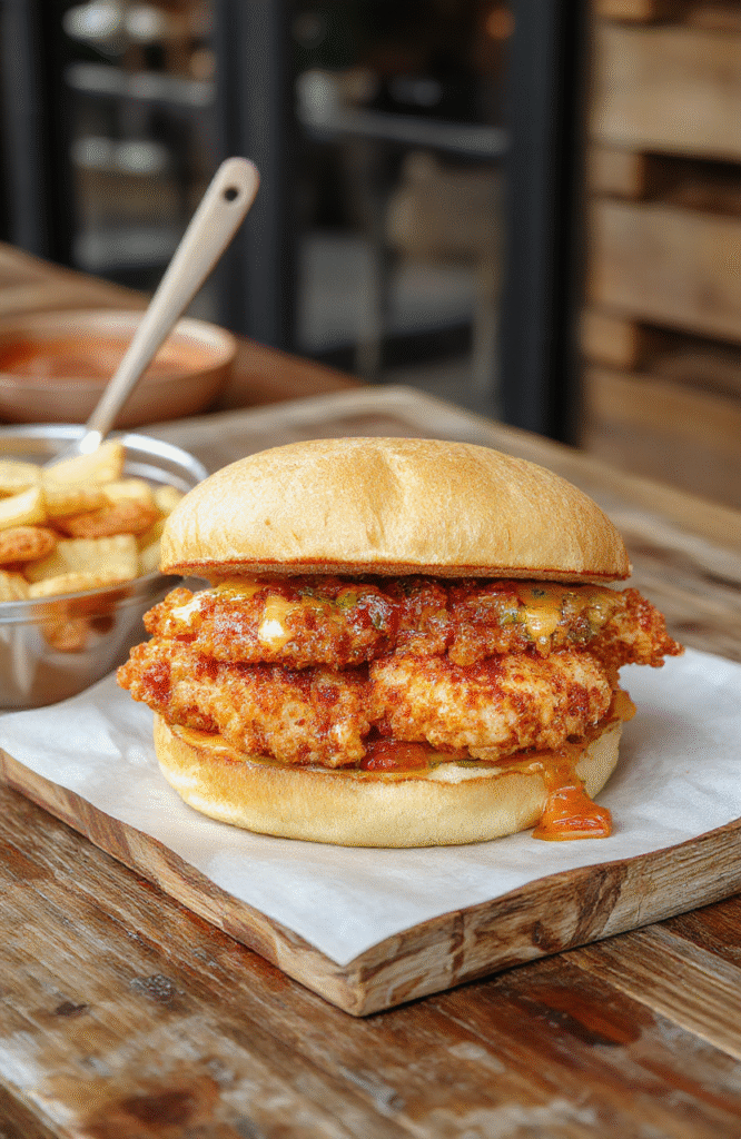 A golden-brown, crispy Cajun-spiced chicken patty nestled in a toasted brioche bun with fresh lettuce, ripe tomato slices, tangy aioli, and pickles, served on a rustic wooden board with scattered paprika and cayenne spice streaks
