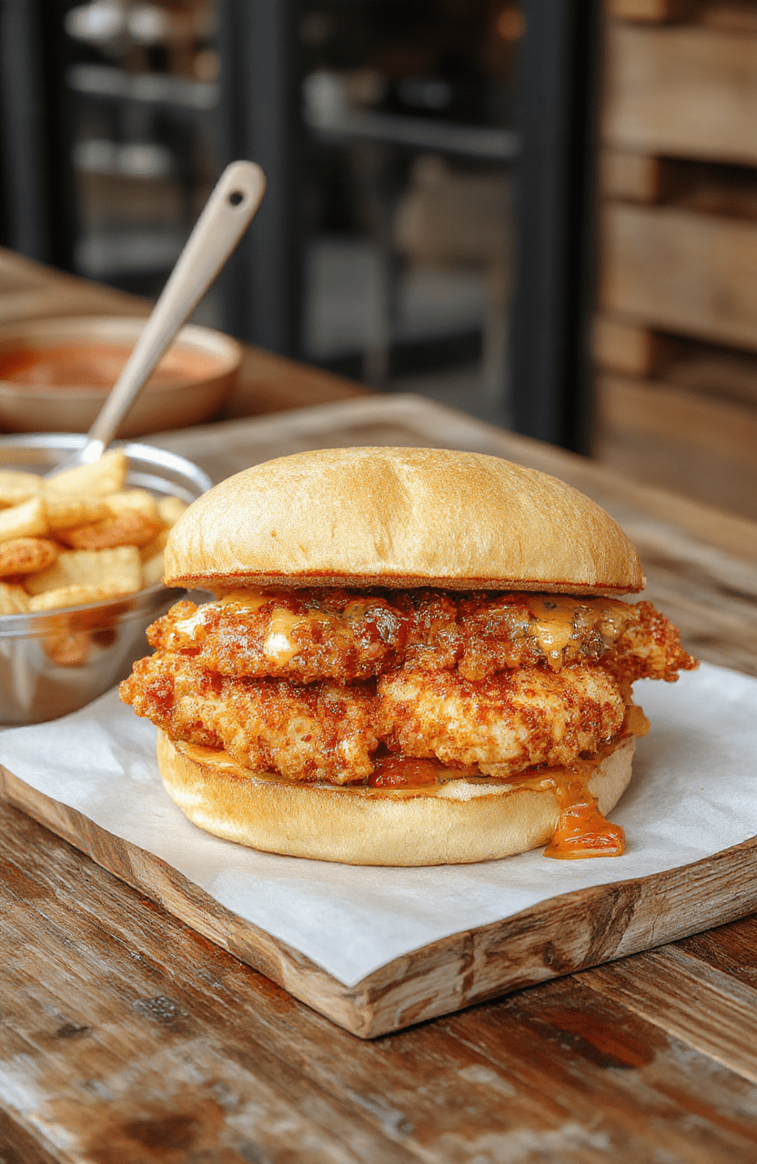 A golden-brown, crispy Cajun-spiced chicken patty nestled in a toasted brioche bun with fresh lettuce, ripe tomato slices, tangy aioli, and pickles, served on a rustic wooden board with scattered paprika and cayenne spice streaks