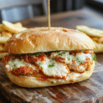 A golden-brown, crispy fried chicken breast layered with crisp romaine lettuce, shaved Parmesan, creamy Caesar dressing, and toasted ciabatta bread halves on a rustic wooden board, with visible cracks in the crust and rich golden breading.