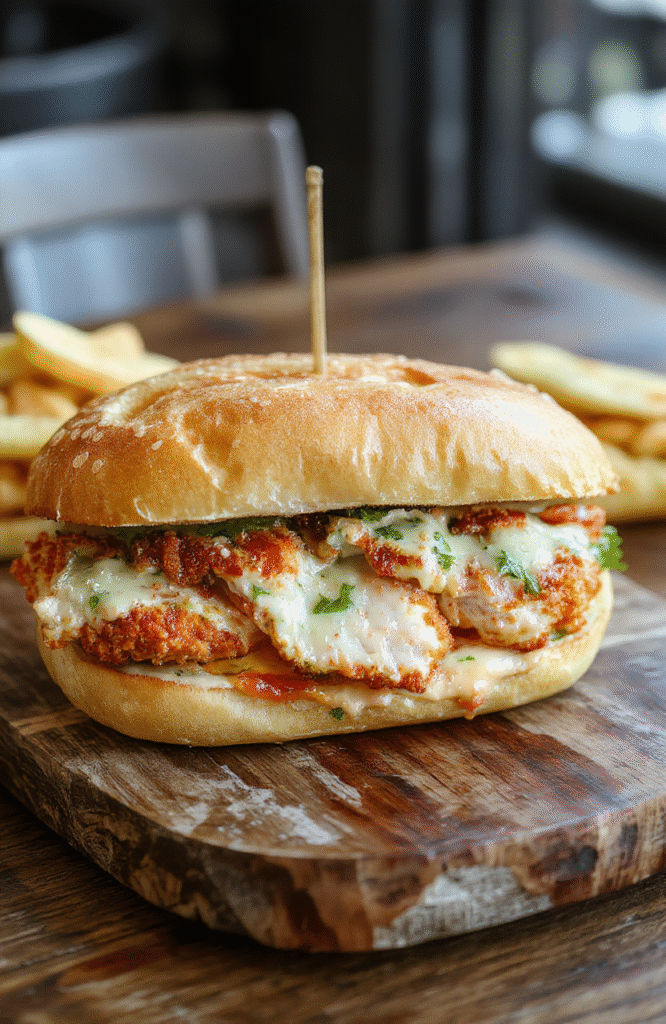A golden-brown, crispy fried chicken breast layered with crisp romaine lettuce, shaved Parmesan, creamy Caesar dressing, and toasted ciabatta bread halves on a rustic wooden board, with visible cracks in the crust and rich golden breading.
