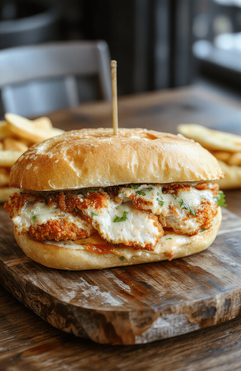 A golden-brown, crispy fried chicken breast layered with crisp romaine lettuce, shaved Parmesan, creamy Caesar dressing, and toasted ciabatta bread halves on a rustic wooden board, with visible cracks in the crust and rich golden breading.