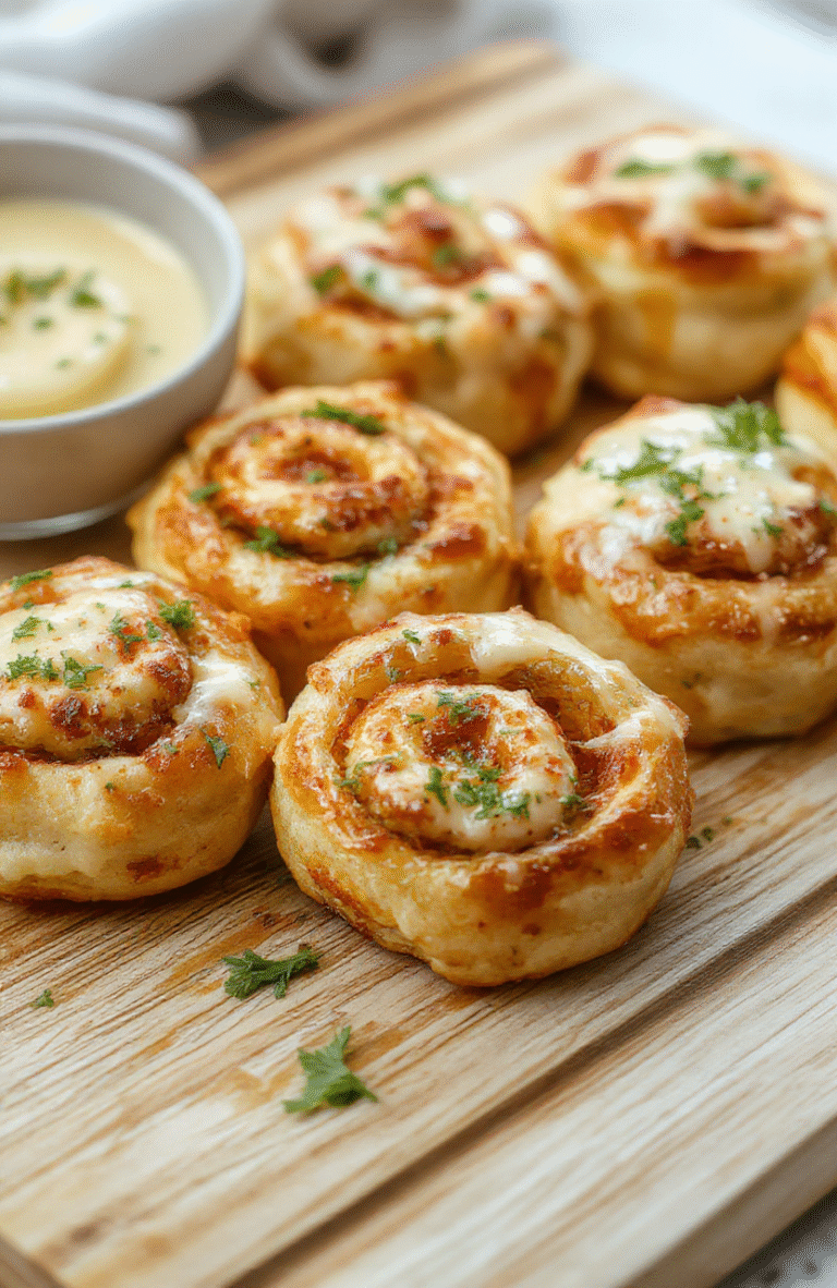 Golden-brown crispy pizza rolls arranged on a white ceramic plate, glistening with melted garlic butter, sprinkled with fresh parsley and a dusting of red pepper flakes. Background is a rustic wooden cutting board with a small dish of extra butter on the side. Soft natural daylight highlights the flaky crust and melty cheese inside.