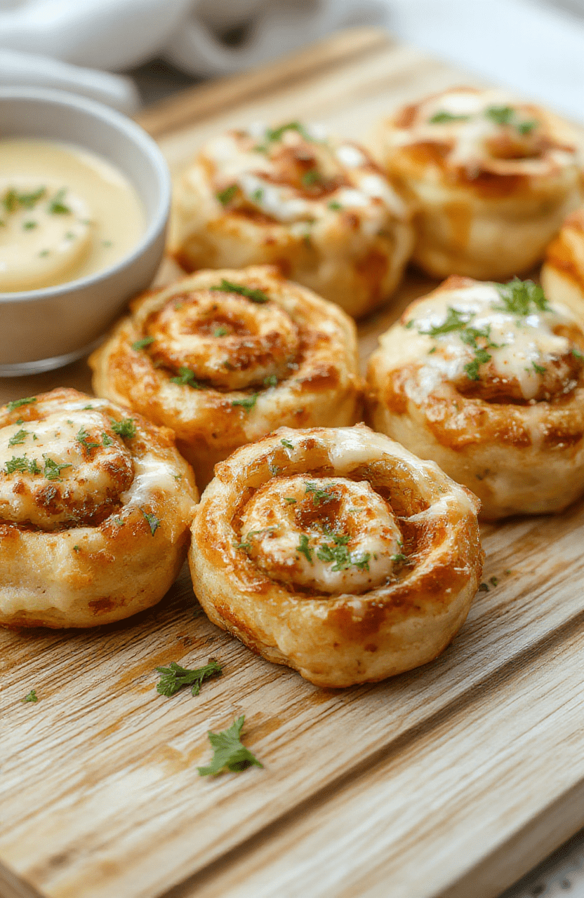 Golden-brown crispy pizza rolls arranged on a white ceramic plate, glistening with melted garlic butter, sprinkled with fresh parsley and a dusting of red pepper flakes. Background is a rustic wooden cutting board with a small dish of extra butter on the side. Soft natural daylight highlights the flaky crust and melty cheese inside.