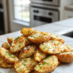Golden-brown crispy baked potato wedges sprinkled with grated parmesan cheese and minced garlic, arranged on a rustic wooden board, with a light dusting of parsley and a drizzle of olive oil, on a soft-focused gray stone countertop with warm daylight.