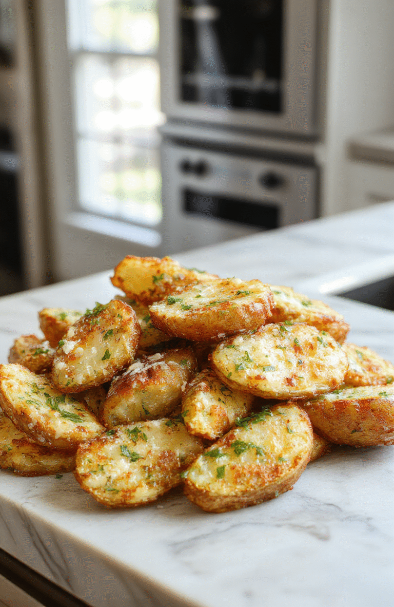 Golden-brown crispy baked potato wedges sprinkled with grated parmesan cheese and minced garlic, arranged on a rustic wooden board, with a light dusting of parsley and a drizzle of olive oil, on a soft-focused gray stone countertop with warm daylight.