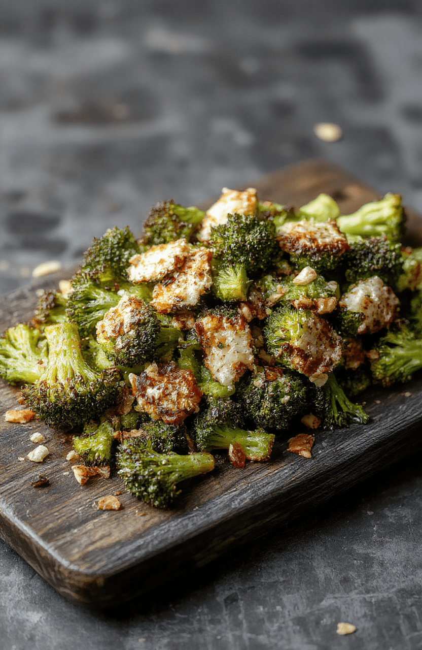 Golden-brown, crispy-edged broccoli florets coated in a glossy garlic-parmesan glaze, glistening under natural light, served on a white ceramic plate with a sprinkle of fresh parsley and dark charcoal board background, shallow depth of field