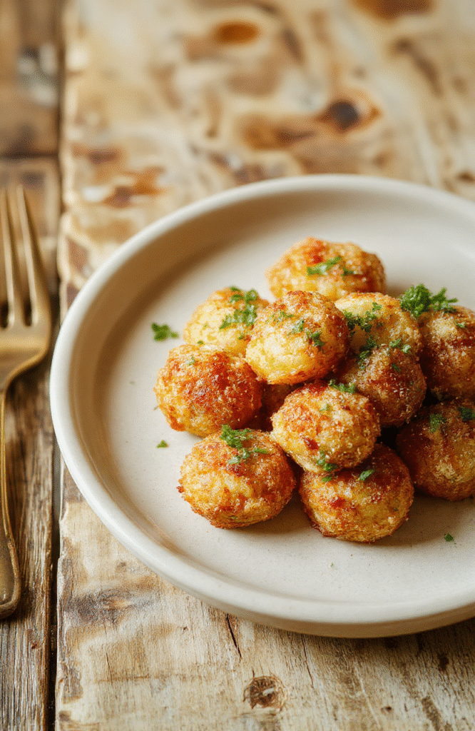 Golden-brown crispy garlic potato balls arranged on a rustic wooden board, sprinkled with fresh chopped parsley and finely minced garlic, glistening with olive oil, against a soft blurred background
