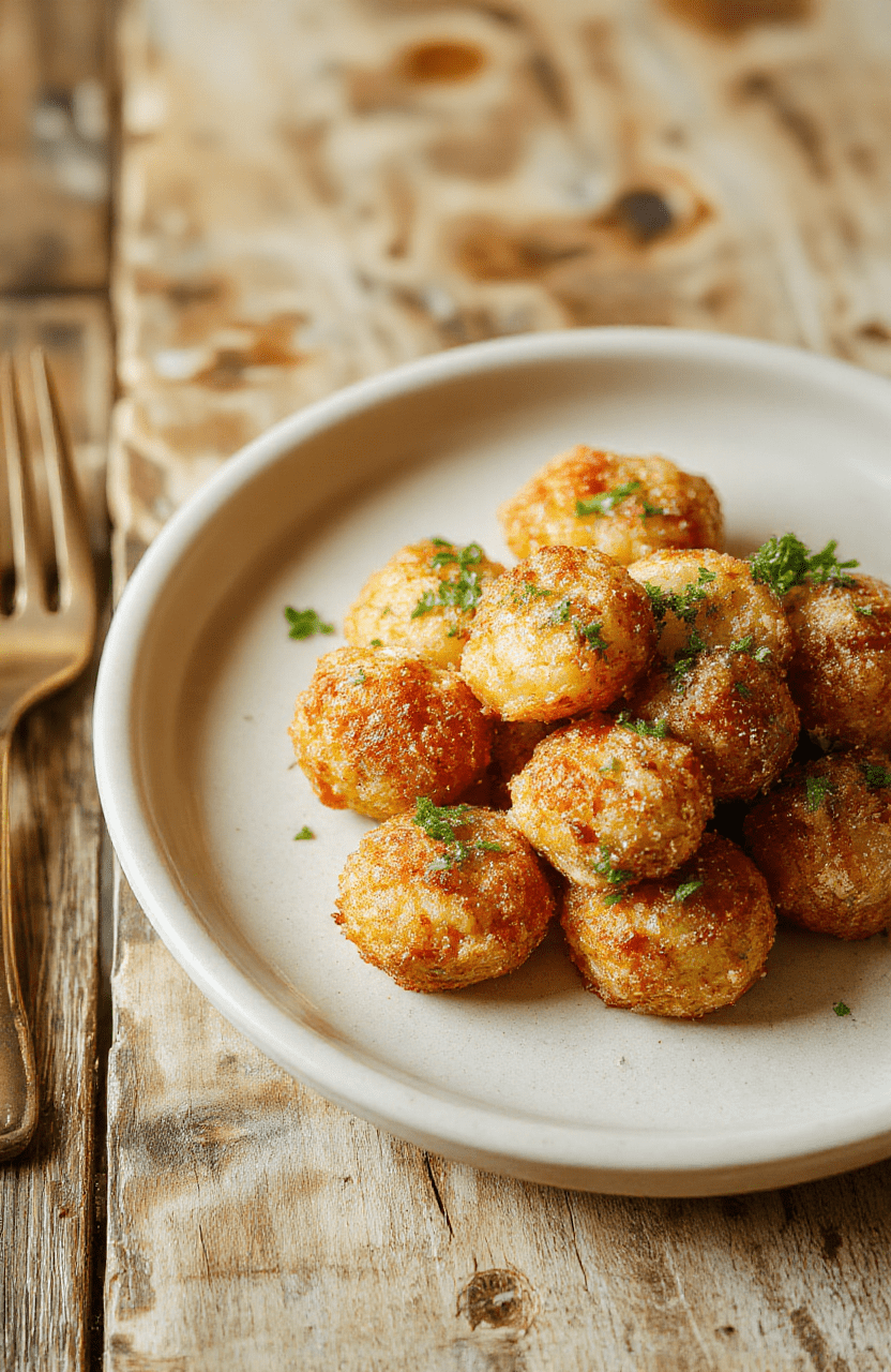 Golden-brown crispy garlic potato balls arranged on a rustic wooden board, sprinkled with fresh chopped parsley and finely minced garlic, glistening with olive oil, against a soft blurred background