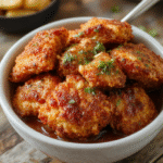 Golden-brown breaded chicken katsu cutlet on a bed of fluffy white rice, topped with Tangy-sweet tonkatsu sauce and crispy shredded cabbage, garnished with green onions and sesame seeds, served in a rustic ceramic bowl.