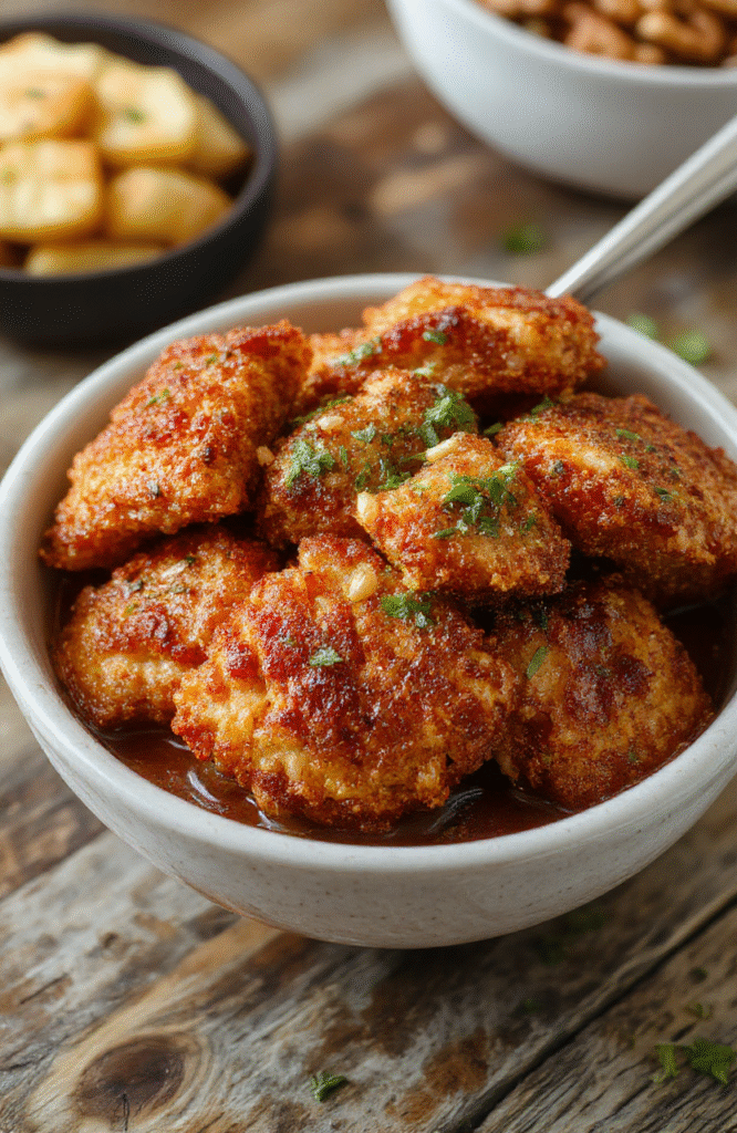 Golden-brown breaded chicken katsu cutlet on a bed of fluffy white rice, topped with Tangy-sweet tonkatsu sauce and crispy shredded cabbage, garnished with green onions and sesame seeds, served in a rustic ceramic bowl.