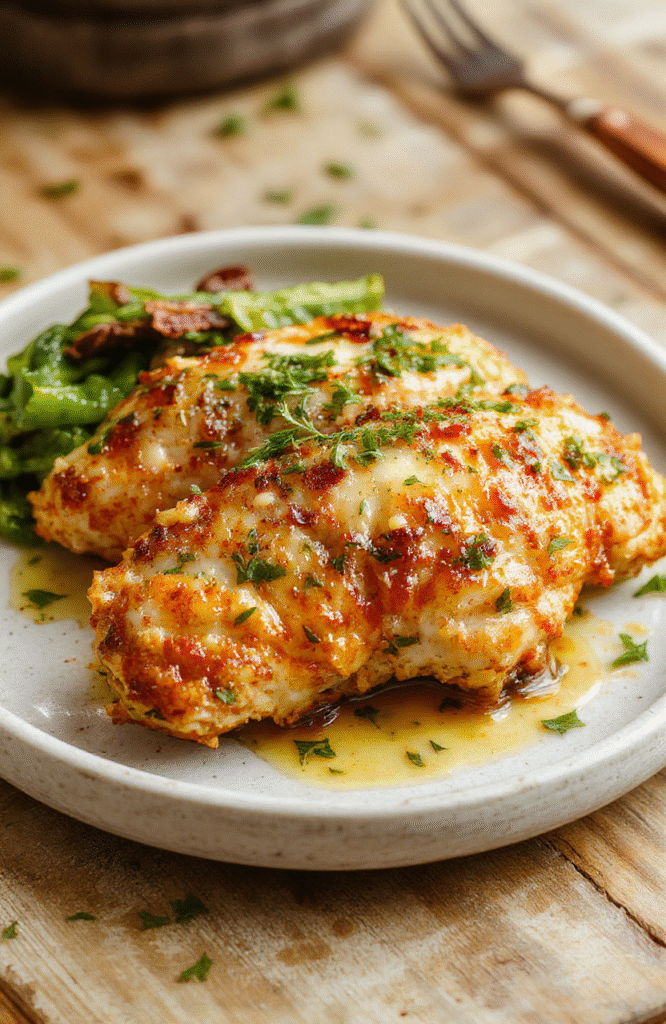 Golden-brown crispy keto chicken cutlets topped with fragrant garlic butter sauce and freshly grated Parmesan cheese, garnished with parsley, served on a white ceramic plate with a side of roasted broccoli and cherry tomatoes on the side.