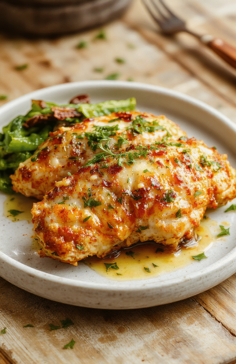 Golden-brown crispy keto chicken cutlets topped with fragrant garlic butter sauce and freshly grated Parmesan cheese, garnished with parsley, served on a white ceramic plate with a side of roasted broccoli and cherry tomatoes on the side.