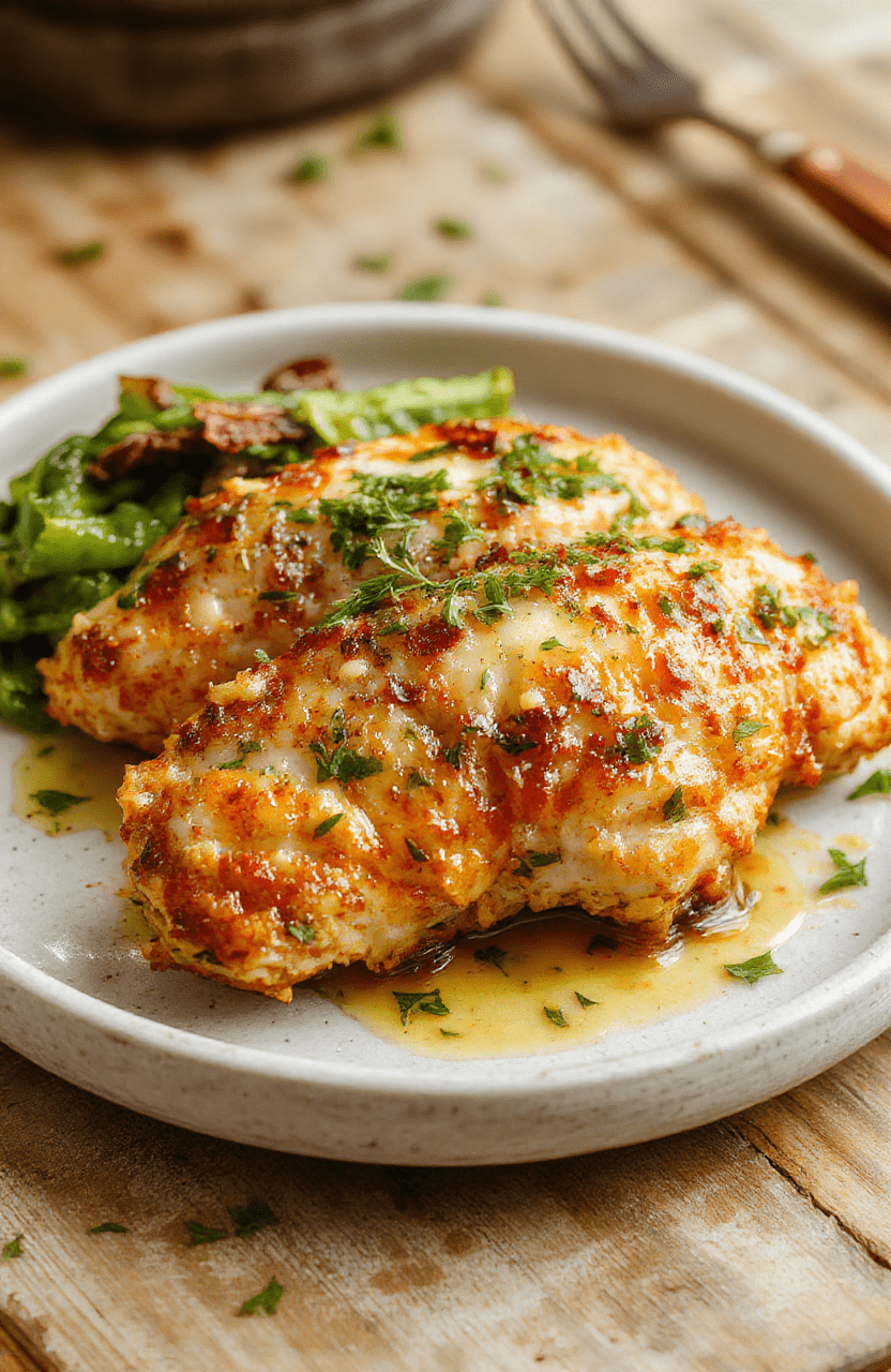 Golden-brown crispy keto chicken cutlets topped with fragrant garlic butter sauce and freshly grated Parmesan cheese, garnished with parsley, served on a white ceramic plate with a side of roasted broccoli and cherry tomatoes on the side.