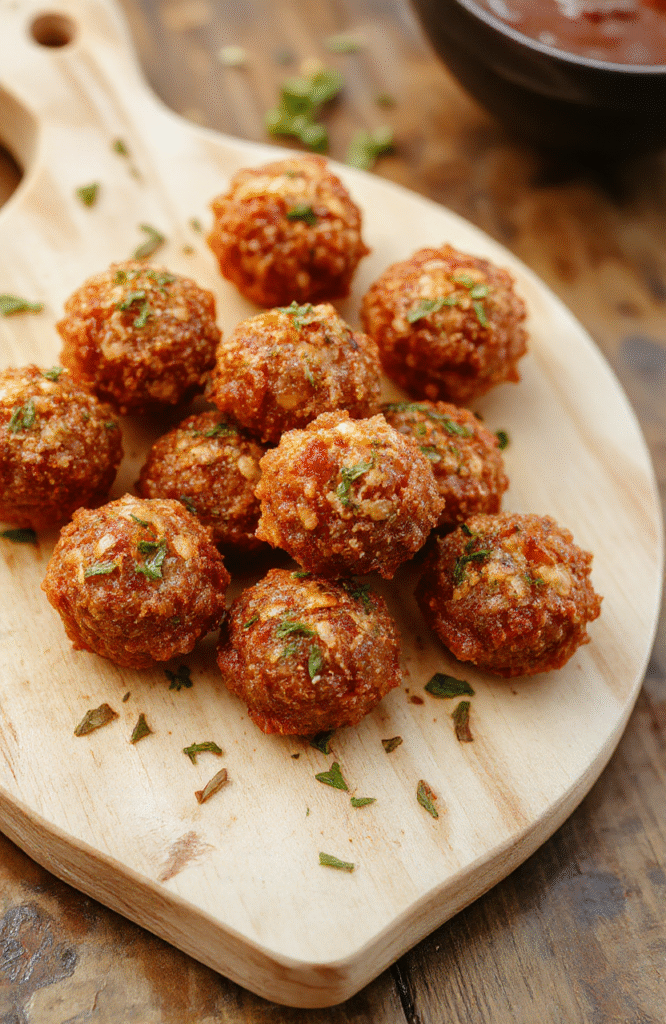 Golden-brown crispy keto pepperoni bites arrange in a rustic ceramic bowl, sprinkled with fresh parsley and grated Parmesan, sitting on a light wooden board with a few sliced cherry tomatoes and shredded mozzarella on the side, soft natural sunlight highlighting the crunchy texture and oily sheen of the pepperoni.