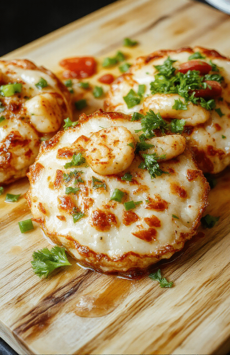 Golden-brown crispy Korean pancakes stacked on a white ceramic plate, topped with sesame seeds and scallions, with visible layers of shrimp, zucchini, and carrot inside, served alongside a small bowl of spicy gochujang dipping sauce, on a wooden cutting board, natural daylight, rustic style
