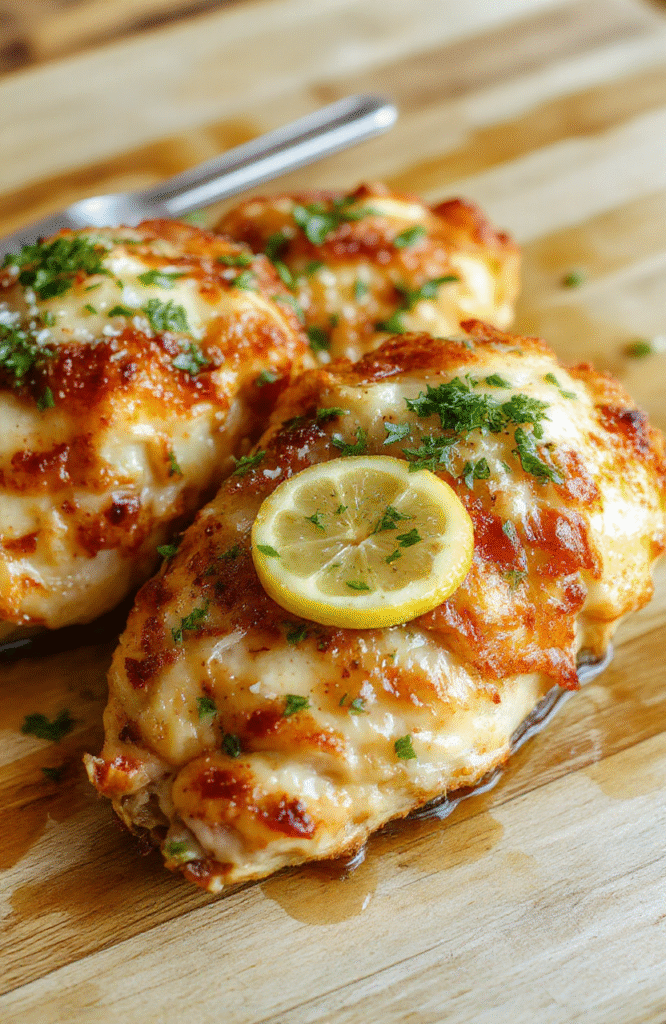 Golden-brown crispy lemon pecorino chicken cutlets on a white ceramic plate, sprinkled with chopped pecorino and lemon zest, garnished with fresh parsley and lemon wedges, set against a light wooden tabletop with soft shadows and natural daylight.
