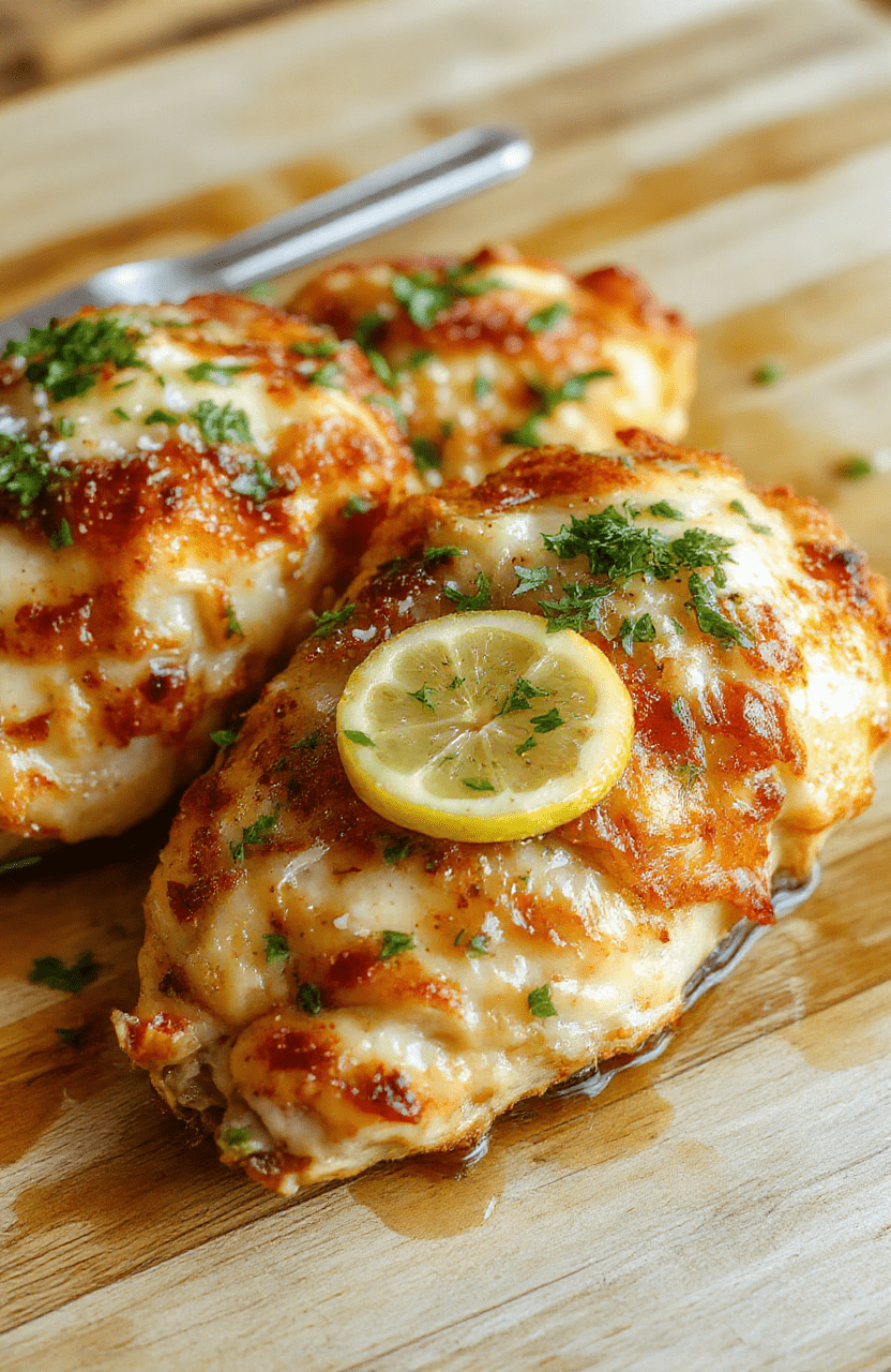 Golden-brown crispy lemon pecorino chicken cutlets on a white ceramic plate, sprinkled with chopped pecorino and lemon zest, garnished with fresh parsley and lemon wedges, set against a light wooden tabletop with soft shadows and natural daylight.