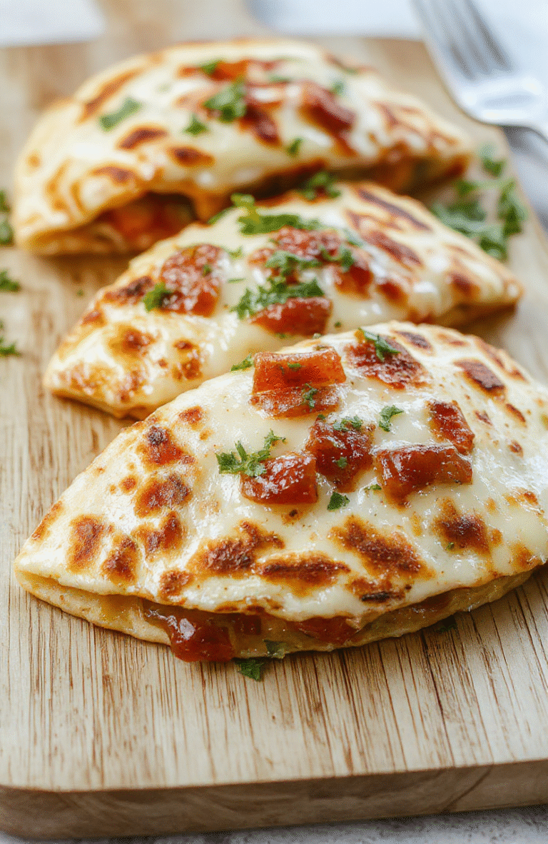 Golden-brown crispy Mediterranean quesadilla cut diagonally on a rustic wooden board, oozing with mozzarella and feta cheese, filled with roasted red peppers, black olives, spinach, and red onion; garnished with chopped parsley and a drizzle of olive oil;背景 softly blurred with a neutral-toned kitchen backdrop.