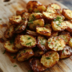 Golden-brown crispy roasted potatoes on a rustic wooden board, with rosemary sprigs and coarse sea salt scattered on top, edges charred slightly, steaming hot, on a natural linen cloth, against a soft-focused kitchen background.