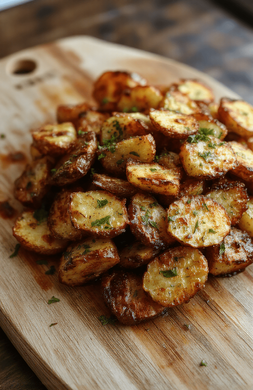 Golden-brown crispy roasted potatoes on a rustic wooden board, with rosemary sprigs and coarse sea salt scattered on top, edges charred slightly, steaming hot, on a natural linen cloth, against a soft-focused kitchen background.