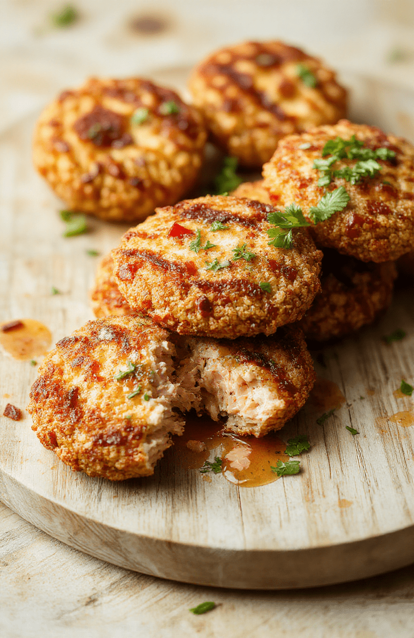 Two golden-brown crispy tuna cakes on a white ceramic plate, drizzled with lemon wedge and spicy mayo, garnished with chopped green onions and sesame seeds, served beside a small kale and quinoa salad with red cabbage and avocado slices, all on a light oak wooden table with soft natural daylight