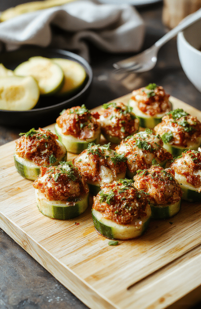 Three vibrant green cucumber rounds topped with generous dollops of golden-yellow tuna salad, sprinkled with chopped chives and black sesame seeds, arranged on a rustic wooden board with fresh dill sprigs in the background.