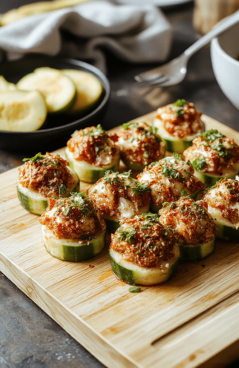 Three vibrant green cucumber rounds topped with generous dollops of golden-yellow tuna salad, sprinkled with chopped chives and black sesame seeds, arranged on a rustic wooden board with fresh dill sprigs in the background.