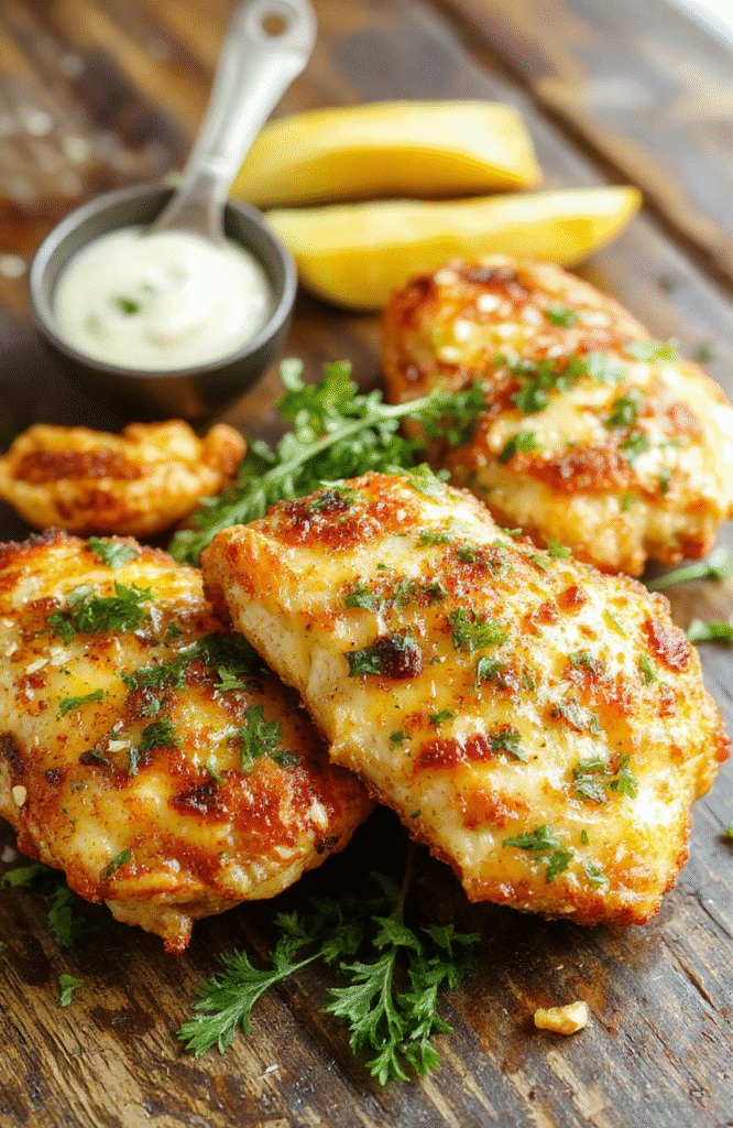 Crispy golden-brown air-fried chicken tenders coated in golden garlic-parmesan crumbs, arranged on a white ceramic plate with fresh parsley garnish, lemon wedges, and a light dusting of grated parmesan, against a natural wood background with soft shadows and natural daylight.
