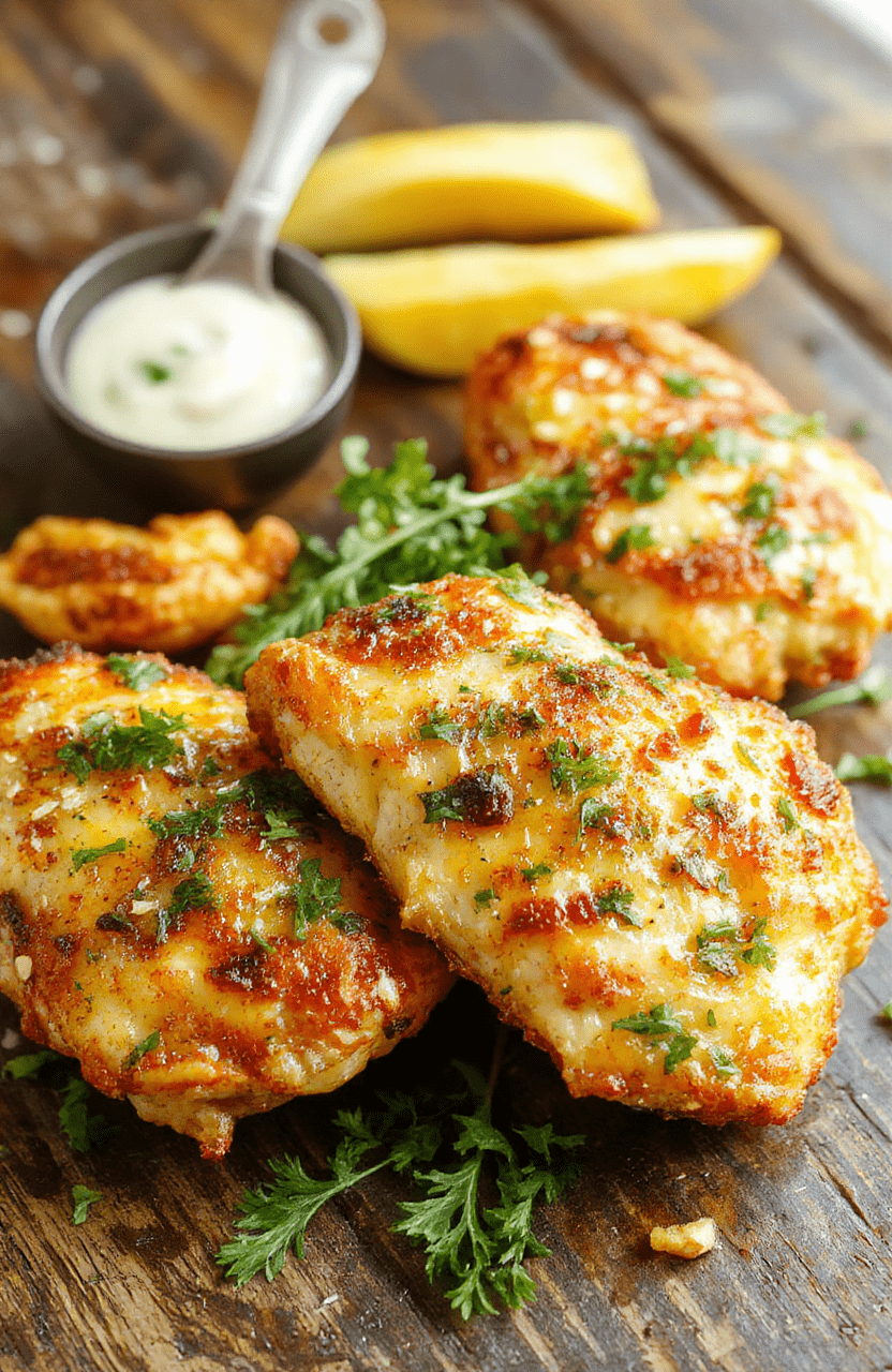 Crispy golden-brown air-fried chicken tenders coated in golden garlic-parmesan crumbs, arranged on a white ceramic plate with fresh parsley garnish, lemon wedges, and a light dusting of grated parmesan, against a natural wood background with soft shadows and natural daylight.