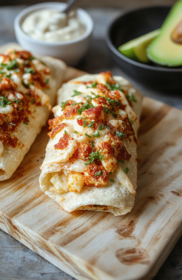 Three golden-brown crispy taquitos topped with melted queso fresco, diced tomatoes, and fresh cilantro, arranged on a rustic wooden board with a side of sour cream and lime wedges.