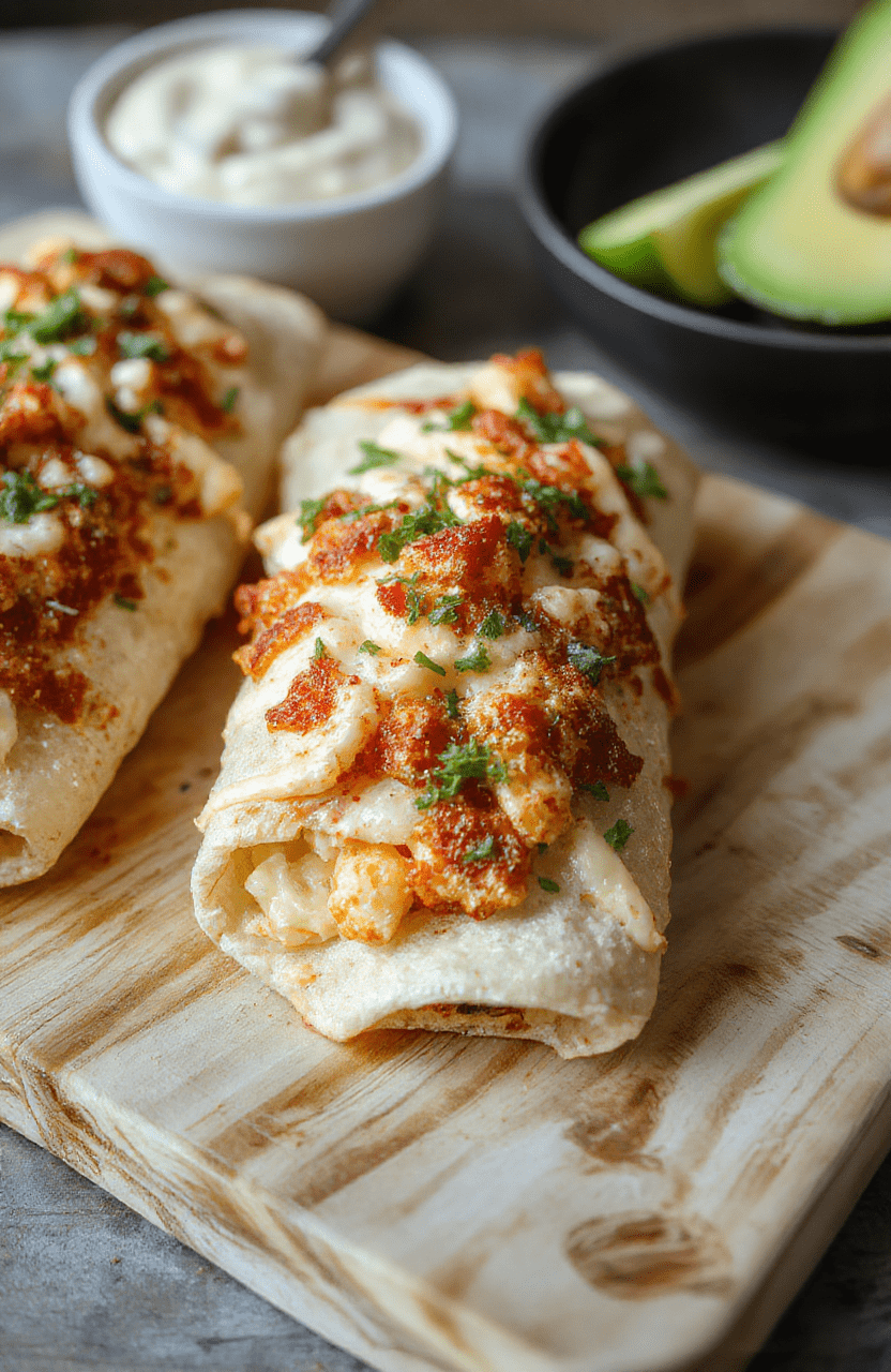 Three golden-brown crispy taquitos topped with melted queso fresco, diced tomatoes, and fresh cilantro, arranged on a rustic wooden board with a side of sour cream and lime wedges.