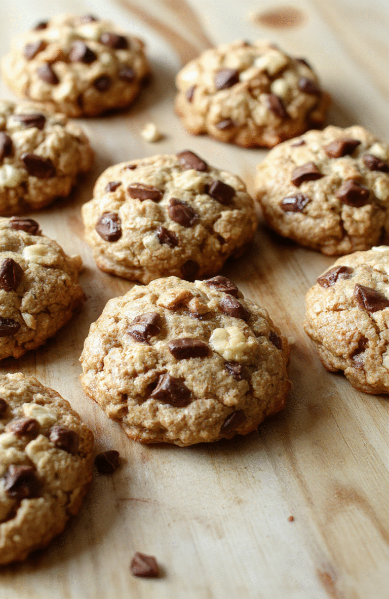 Two golden-brown banana oatmeal cookies on a white ceramic plate, slightly domed with soft edges, flecked with oat pieces and small banana fragments, dusted lightly with cinnamon, resting on a light oak wooden surface with soft natural daylight and shallow depth of field.