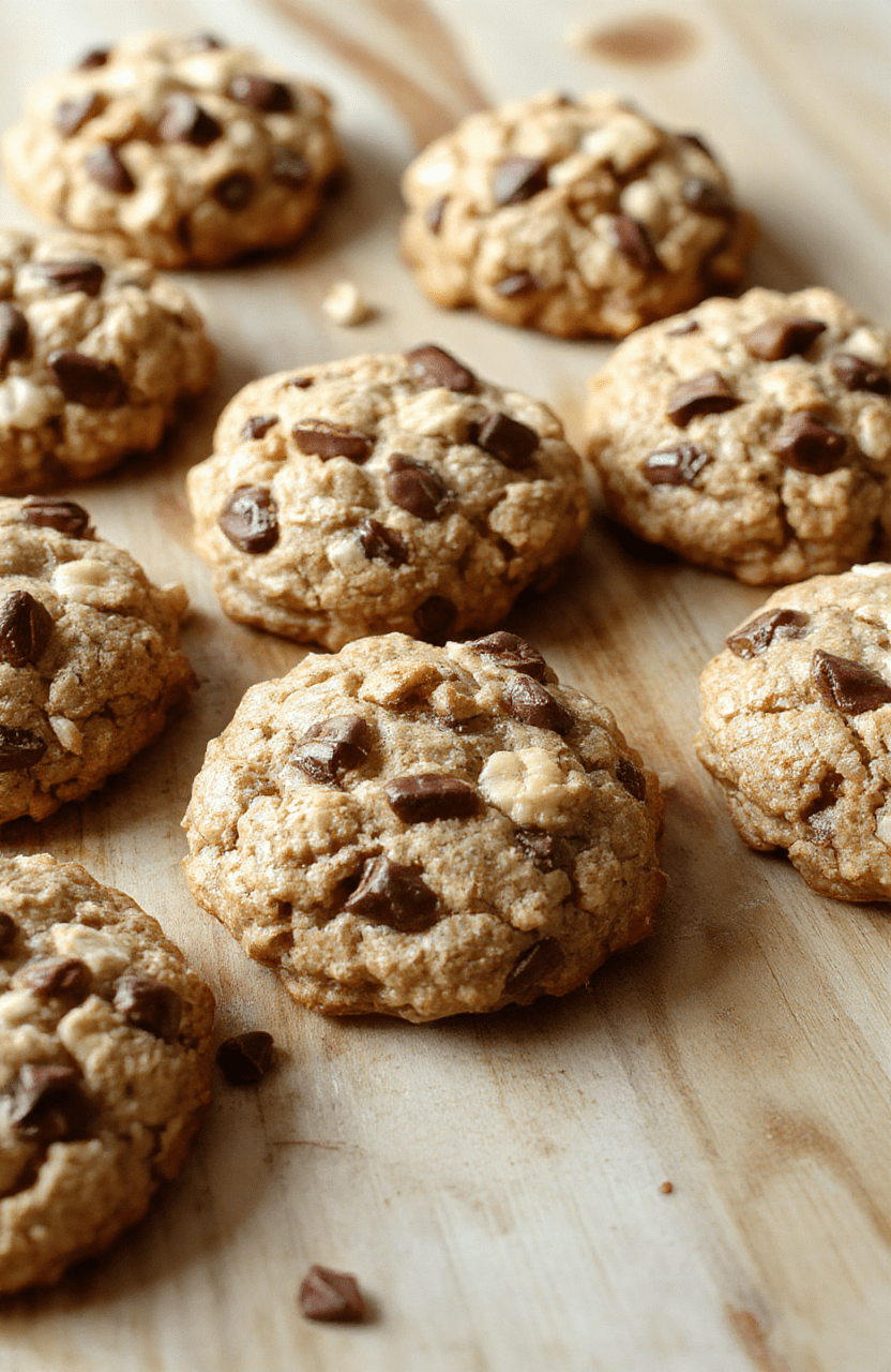 Two golden-brown banana oatmeal cookies on a white ceramic plate, slightly domed with soft edges, flecked with oat pieces and small banana fragments, dusted lightly with cinnamon, resting on a light oak wooden surface with soft natural daylight and shallow depth of field.