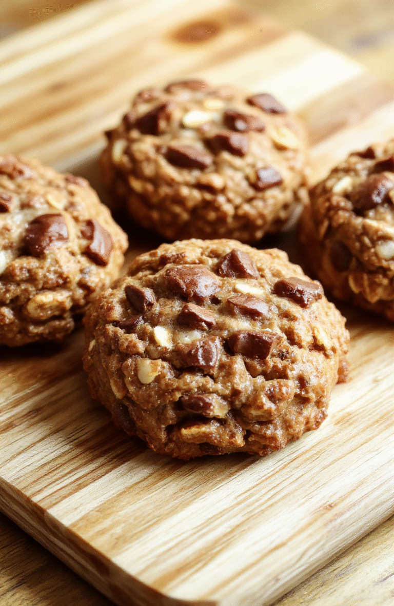 Golden-brown banana oatmeal cookies with chewy centers and crispy edges, lightly toasted oats visible on top, placed on a rustic wooden board with a sliced fresh banana and a handful of rolled oats nearby in soft natural light.