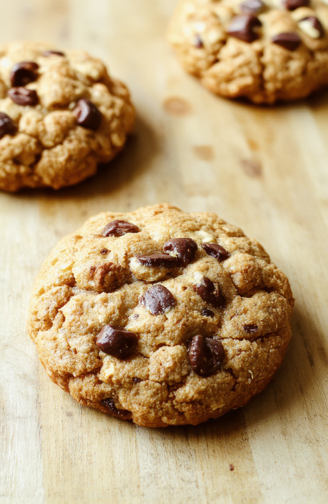 Two soft, golden-brown banana oatmeal cookies with visible oat flakes, banana chunks, and dark chocolate chips on a rustic Wooden board, dusted lightly with powdered sugar, with a small drizzle of almond butter and a fresh banana slice beside them, natural daylight, soft shadows