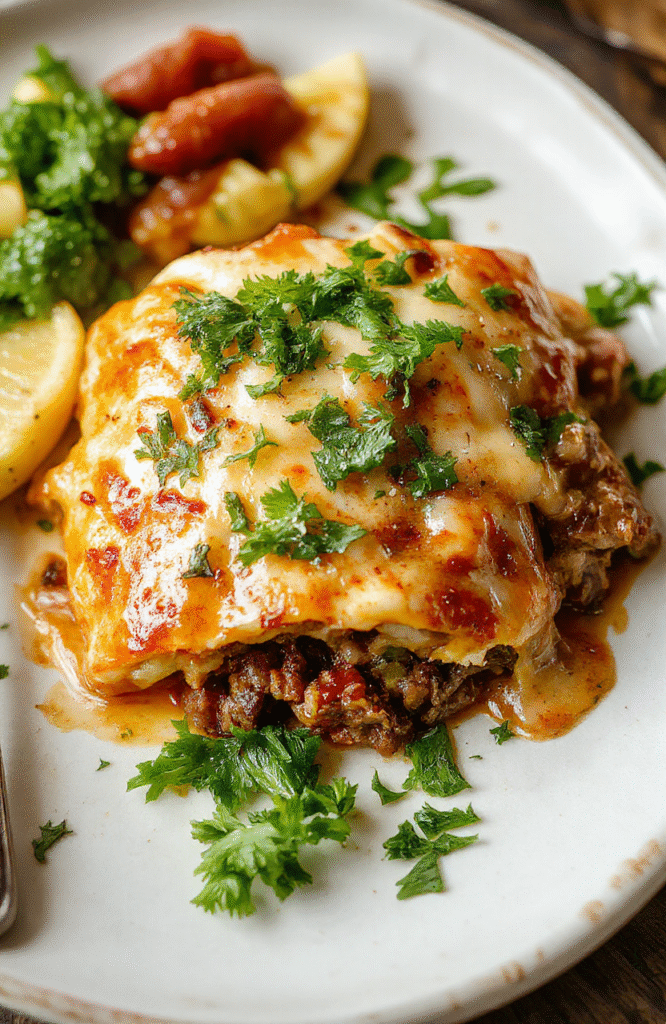 Two beef enchiladas stacked on a white ceramic plate, topped with melted melted Monterey Jack and cheddar cheese, drizzled with reducée red enchilada sauce, sprinkled with fresh cilantro and diced red onion, served with a side of Mexican rice and black beans in a ramekin, natural daylight, soft shadows
