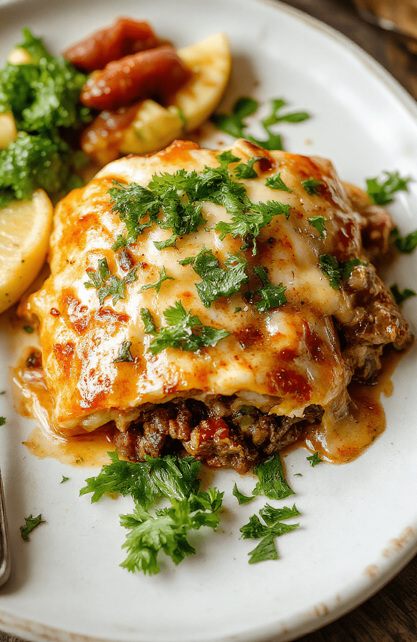 Two beef enchiladas stacked on a white ceramic plate, topped with melted melted Monterey Jack and cheddar cheese, drizzled with reducée red enchilada sauce, sprinkled with fresh cilantro and diced red onion, served with a side of Mexican rice and black beans in a ramekin, natural daylight, soft shadows