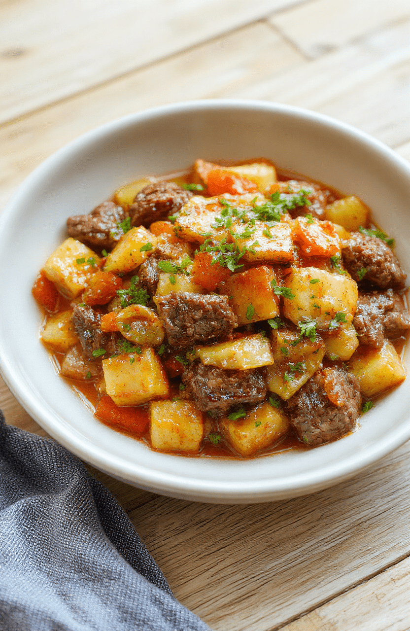 Vibrant easy beef stir fry served in a white ceramic bowl, featuring tender sirloin strips, colorful bell peppers (red, yellow, green), broccoli florets, and snap beans, all glistening with a glossy soy-based sauce, garnished with sesame seeds and cracked black pepper, placed on a rustic wooden table.
